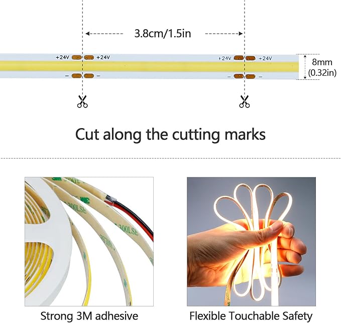 GOMING Motion Sensor COB LED Light Strip 32.8ft(10M) Warm White 3000K 3 Lighting Modes 3 Timing Off Modes 3 Brightness Modes with Power Adapter for Kitchen Cabinets Stair Showcase Bedroom Bed