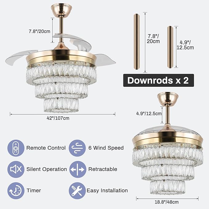 Finktonglan 42'' Dimmable Chandeliers Fan, Crystal Ceiling Fan with Lights with APP & Remote Control, Gold Fandelier Ceiling Fan, 3 Color Change, 6 Speed Reversible Fandeliers, Circulating Air