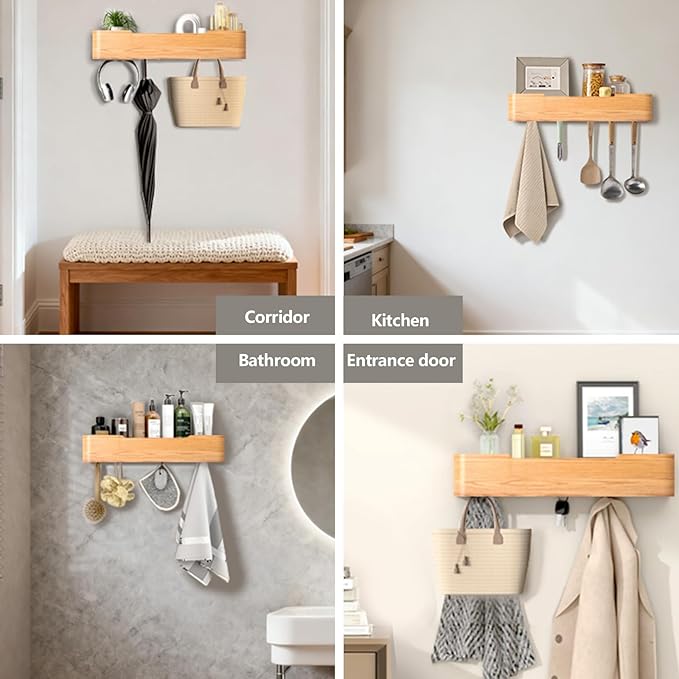 Coat Rack Wall Mount Entryway Organizer Modern Key Holder Wall Mount with Wooden Shelf Entryway Hooks for Bedroom Kitchen Hallway Bathroom for Hanging Coats Hats Dog Leashes Bags Towels