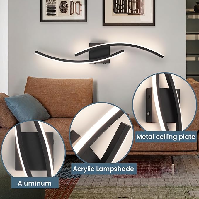 Battery Operated Wall Sconce Set of 2,Black Wall Sconces with Remote Control,3000K-6000K Modern LED Wireless Wall Light for Living Room, Hallway, Bedroom, 39.3 Inch (2 Pack)