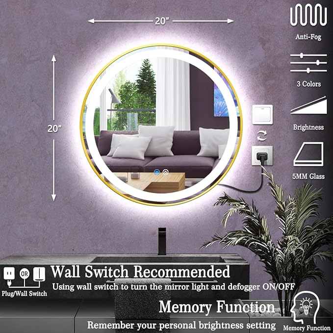 20 Inch Gold Frame LED Round Mirror with Lights Smart Memory 3 Color Dimmable Anti-Fog Gold Framed Round Lighted Mirrors for Bathroom Wall Makeup Golden Circle Round Vanity Mirror with Light