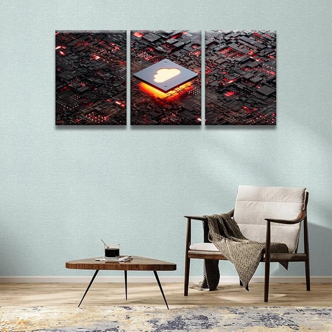 Modern Wall Art 3 Panel Wall Art CPU Cloud Computing Pictures Print On Canvas Wall Decor for Living Room, Wooden Framed Gallery-Wrapped Ready to Hang 12x16inchx3