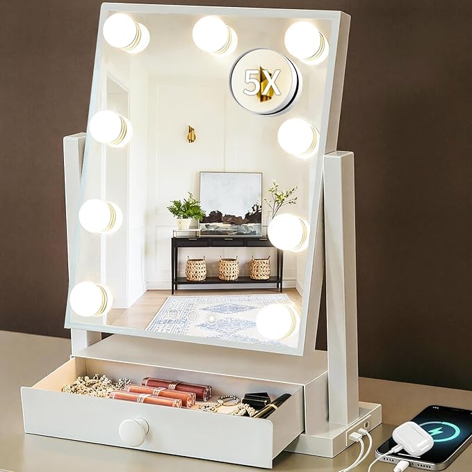 Vanity Mirror with Lights with Drawer,USB Charging Port, Hollywood Makeup Mirror with 9 Dimmable Bulbs,3 Color Lighting Modes, Detachable 5X Magnification, Smart Touch Control Gifts for Women