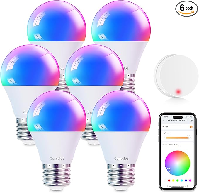 Consciot Smart Light Bulbs with Remote Control, LED Light Bulb That Works with Alexa & Google Home, Color Changing Light Bulb, A19 E26 2.4Ghz WiFi Light Bulbs 60 watt equivalent, 800lm Dimmable 6 Pack
