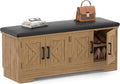 Farmhouse Shoe Storage Bench with Cushion - 43.3" Entryway Bench with Storage & 4 Barn Doors, 2-Tier Wooden Shoe Rack Bench, Shoe Cabinet & Mudroom Bench for Bedroom Hallway Living Room, Brown Oak