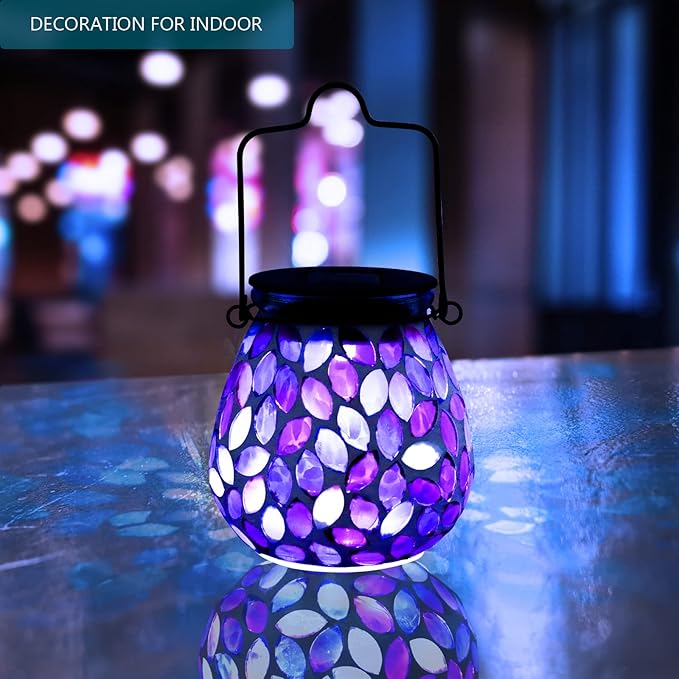Bshine Mosaic Solar Lantern Outdoor Hanging Waterproof, Purple Mosaic Light Indoor Decorative Table, Garden Decor for Yard Outside, Path, Courtyard, Lawn, Birthday Gift for Mom Women Gardening