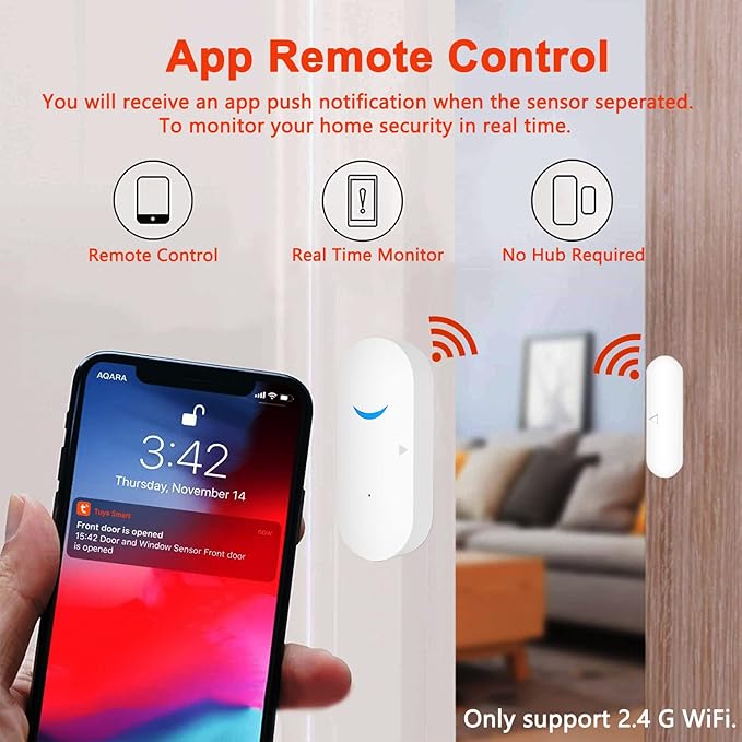 Smart Door Sensor Alarm Wireless, WiFi Door Window Detector with 8 Batteries, Smart Linkage Window Door Contact Sensor for Home Security Compatible with Alexa/Google Assistant, No Hub Required, 4 Pack