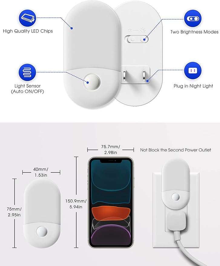 L LOHAS LED Blue Night Light, Night Lights Plug into Wall[2 Pack], 0.6W LED Nightlight, Dusk to Dawn Sensor, 30/60LM Adjustable Brightness, Automatic Night Light for Kid, Bathroom, Nursery, Hallway