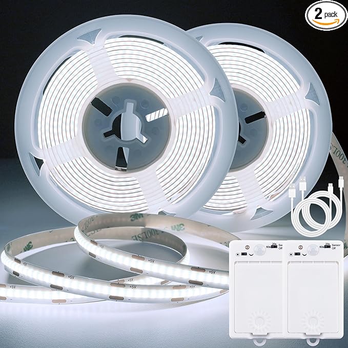 OMIKA COB Motion Sensor LED Strip Light, 6.56ft 640LEDs Closet Lights, Rechargeable Battery Operated Stair Strip Lights for Bed, Pantry, Shelves, Cabinet, Locker, 6000K Cool White, 2 Pack