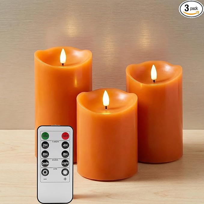 Burnt Orange Flameless Pillar Candles with Remote, LED Wax Candles Flickering Table Centerpiece Decor Set of 3