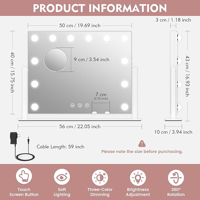 Kottova Vanity Mirror with Lights, LED Makeup Mirror, Lighted Makeup Mirror with 10X Zoom Mirror, Smart Touch 3 Colors Dimmable,360° Rotation,Suitable for Vanity Desk & Tabletop, White(19.6"x15.7")