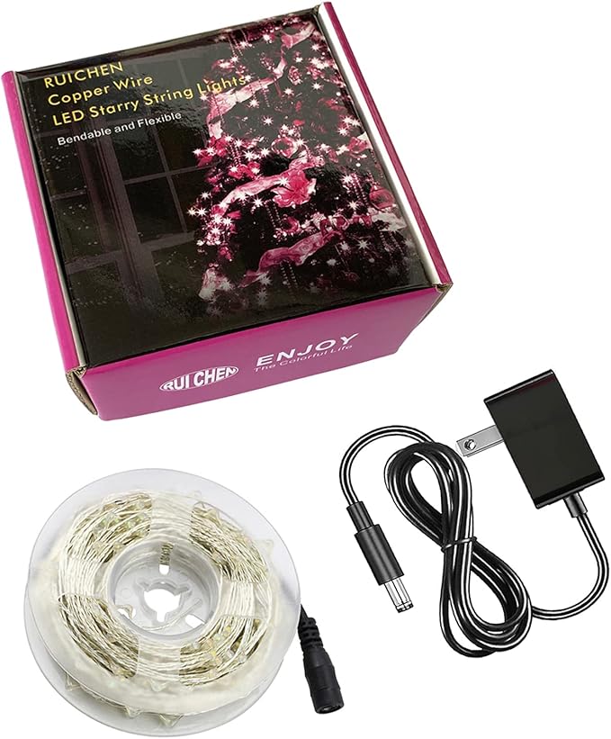 RUICHEN Silver Wire Fairy Lights Plug in 33 Ft 100 LED String with Spool, Red