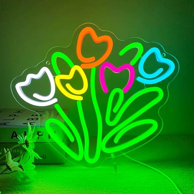 Tulip LED Neon Sign Dimmable LED Tulip Flower Neon Light Signs Tulip Bunch Store Shop Bedroom Club Wall Decor for Bedroom Studio Wall Decorations Gift for Mother's or Valentine's Day Gifts