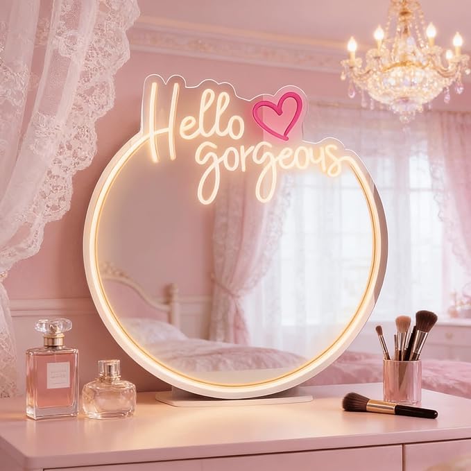 Hello Kit Mirror with Light Neon Signs for Room Decor, USB Powered Cute Cat LED Lights, Teen Girl Best Gift, Makeup Mirror Neon Sign Wall Decor (Yellow)