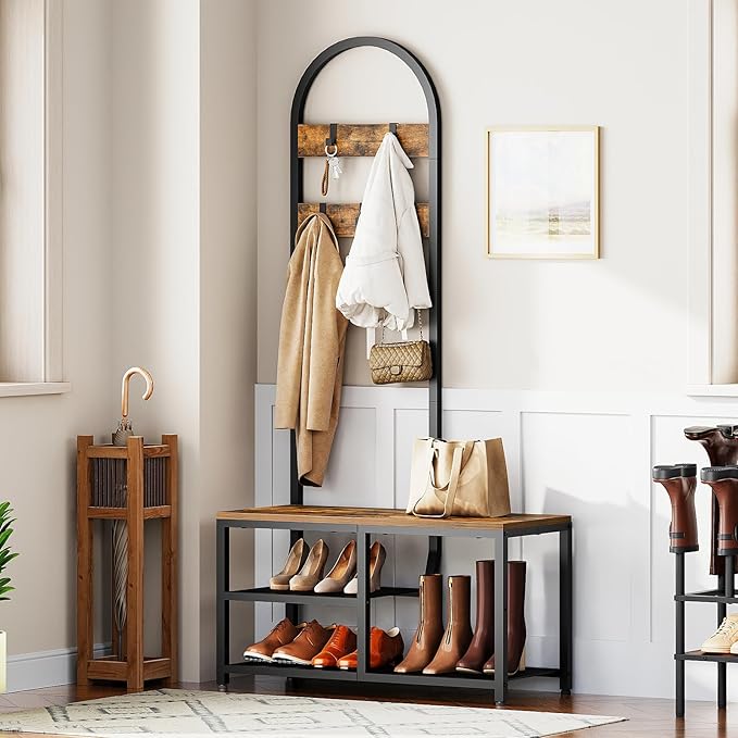 Hall Tree, Coat Rack with Shoe Storage, Entryway Bench with Coat Rack and Shoe Shelf, All-in-One Entryway Storage Organizer, for Foyer, Hallway, Cloakroom, Rustic Brown and Black MT04BRY1