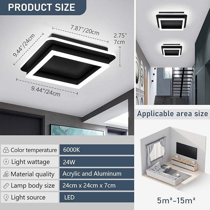 CANEOE 2 Packs Square Flush Mount Ceiling Light, 6000K Modern LED Ceiling Light Fixture, Minimalist Hallway Lighting Fixture Ceiling Lamp for Hallway Entryway Bedroom Balcony (All Black)