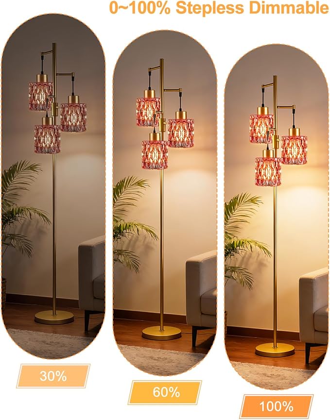 3-Light Floor Lamps for Living Room, Farmhouse Dimmable Gold Floor Lamp with Rose Red Glass Shade& Bulbs Included, Mid Century Standing Tall Lamp for Bedroom/Sofa Beside/Corner