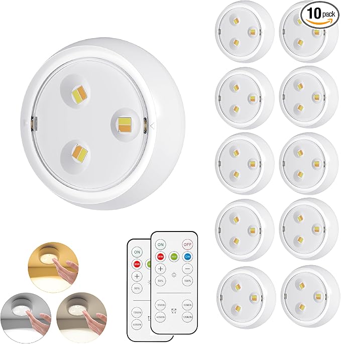 10 Pack LED Puck Light with Remote, 3 Color Battery Operated Dimmable Push Tap Light, Portable Under Cabinet Lighting Stick On, for Closet Kitchen