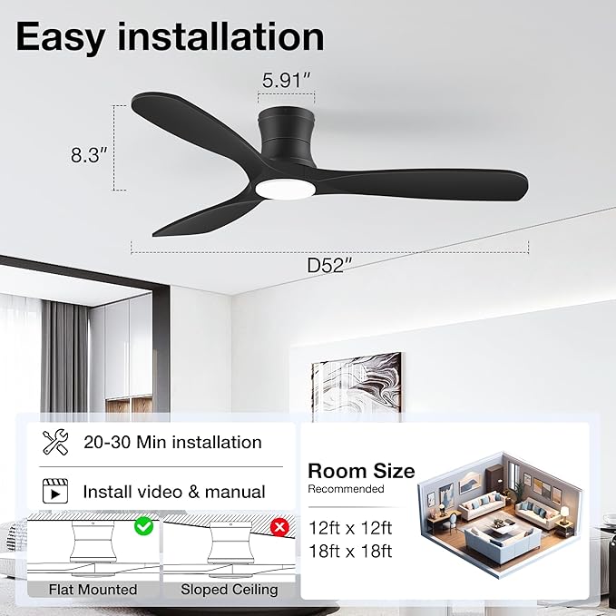52inch Wood Ceiling Fans with Lights and Remote,Low Profile Modern Black Ceiling Fan with Light,Outdoor Indoor Flush Mount Ceiling fan,for Bedroom Living room Patio,3 Blades,Dimmable LED,Quiet