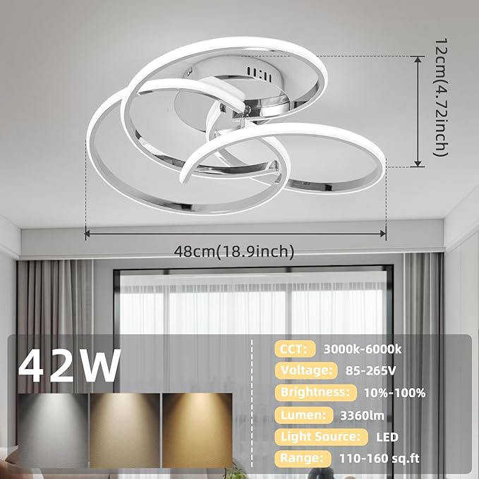 CANEOE Modern Led Ceiling Light, 42W Dimmable Close to Ceiling Light Fixture with Remote Control, Flush Mount Led Ceiling Lamp for Bedroom Living Dining Room Kitchen
