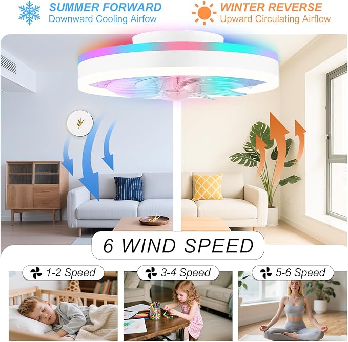 RGB Ceiling Fans with Lights, 16" Fandelier Low Profile Ceiling Fan with Light, Modern Flush Mount Ceiling Fan Light with Remote/APP Control, Bedroom Chandelier Fan Fixture for Indoor(White)