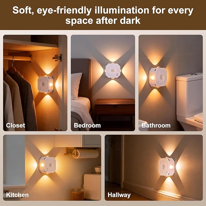 Motion Sensor LED Night Lights 4 Pack, Rechargeable Wireless Stair Lights, Magnetic Installation, RGB & 3 Color Temp, Wall Sconce for Hallway Closet Bedroom Indoor