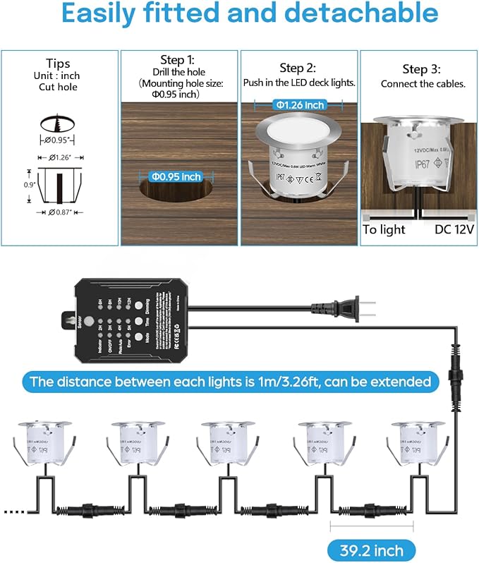 HIBOITEC Low Voltage Deck Lights Kit with Transformer Dimmable Timer and Photocell Sensor Outdoor Recessed LED Deck Lighting IP67 Waterproof 2700K for Stair Step Outdoor Garden Yard 22 Packs
