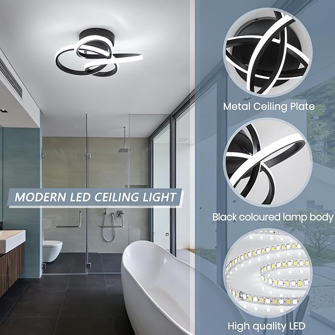Modern Led Ceiling Light, Black Hallway Ceiling Light, Flush Ceiling Lighting Fixture for Kithcen, Bedroom, Living Room, Entryway, Balcony, Stair - 26W Cold White Light 6000K