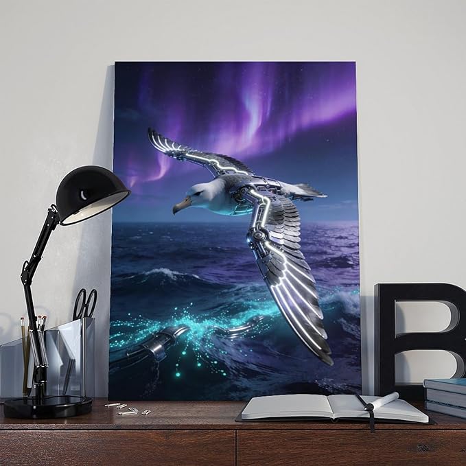 Framed Steampunk Mechanical Seagull Wall Art - Aurora Ocean Retro Poster for Bedroom Game Room Decor 24x36inch(60x90cm)