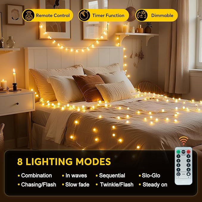 180ft Globe String Lights with 16ft Extended Lead & Stable Remote - 300 LED Warm White, 8 Distinct Modes, IP44 Waterproof & UL Listed for Backyard Wedding Patio Garden Large Area Decoration