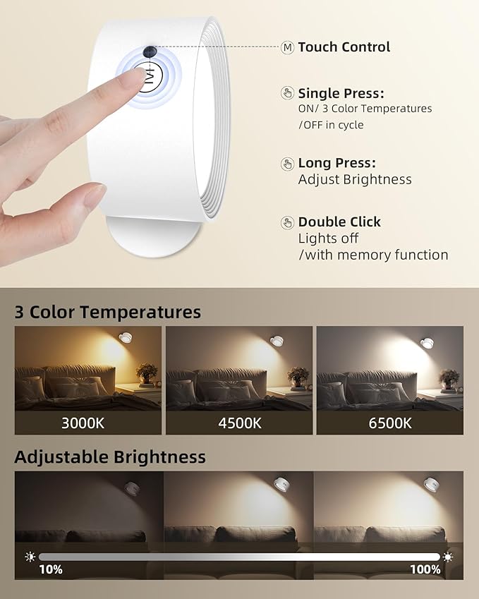LED Wall Mounted Lights, Rechargeable Wall Sconces Lamp, 3 Color Temps & Remote and Touch, 360°Rotation Dimmable Cordless Wall Light for Study Bedroom Reading Bedside(White, 1 Pack)