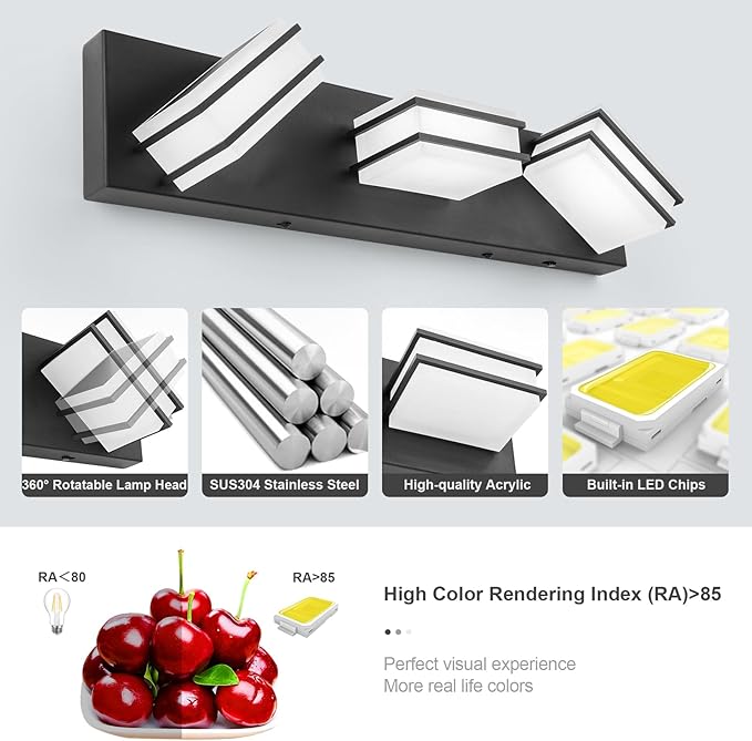 3 Color Temperature Dimmable Bathroom Light Fixtures Over Mirror, LED Black 3 Light Vanity Lighting Fixtures, Acrylic Stainless Steel Square Shade Vanity Lights for Bathroom, ETL Certificated