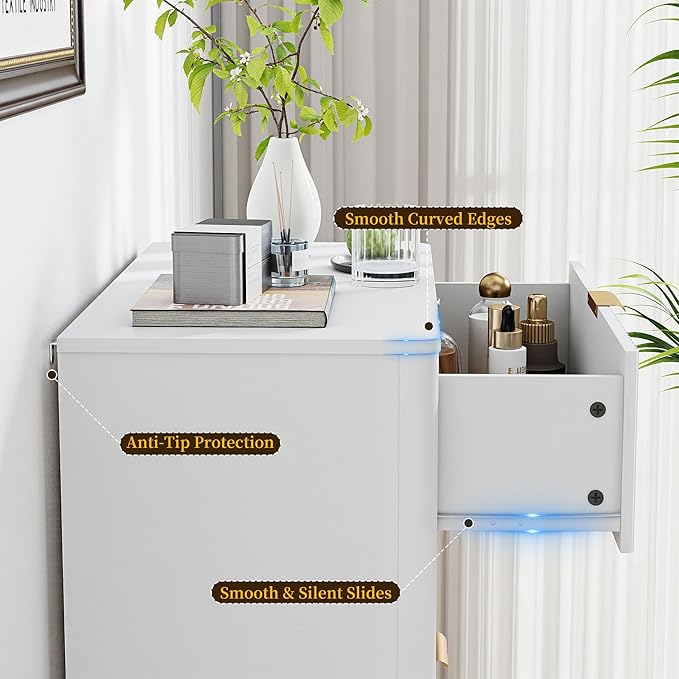 Fluted Dresser for Bedroom with 5 Drawers, 31.5" Wide Modern Chest of Drawers with Lighting, Wooden Dresser TV Stand with Curved Edges, Closet Organizer for Living Room, Hallway,White