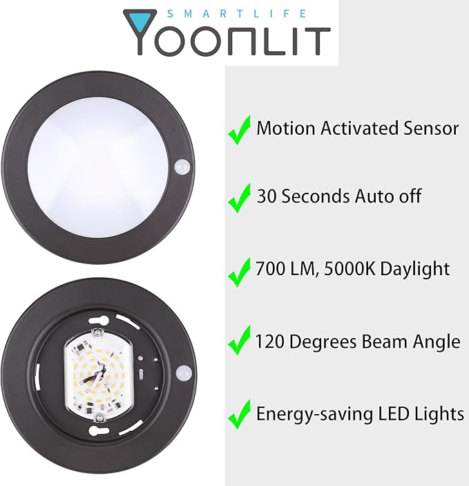 YoonLIT Flush Mount PIR Motion Sensor LED Ceiling Light, 6.2 Inch 10.5W 700 Lumen, Motion Activated Ceiling Fixture for Closet, Garage, Doorway, Stairway, Hallway, Bronze Finish 5000K 4-Pack