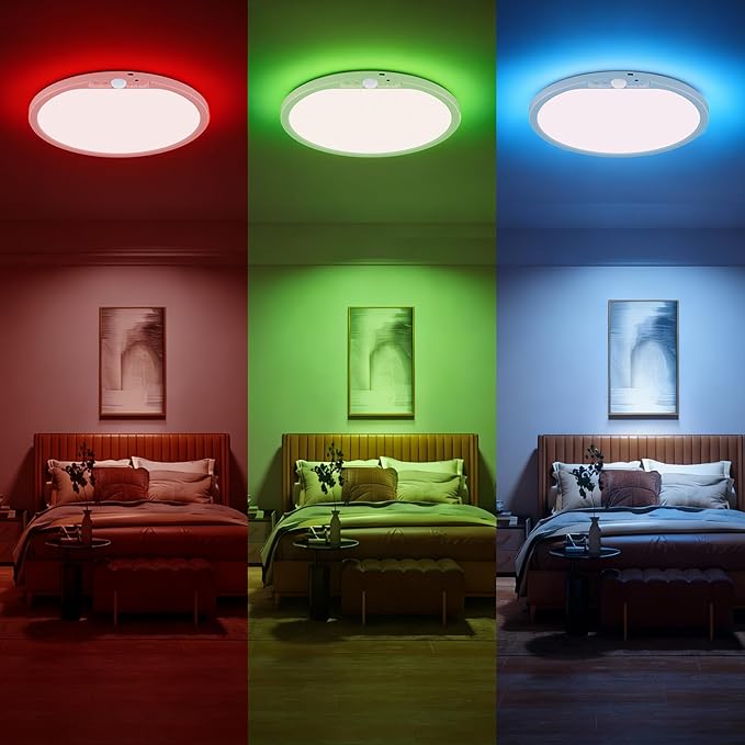 KINDEEP Bedroom Ceiling Light with Night Light: 12 Inch 10000mAh Rechargeable Ceiling Light with Remote, Dimmable 3 Colors & RGB, Wireless Motion Sensor Ceiling Lamp for Bedroom, Hallway, 1 Pack