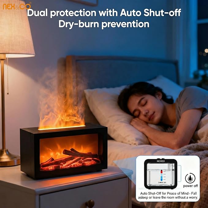 NEX&CO Colorful Flame Fireplace Aroma Diffuser for Essential Oils, Mini Essential Oils Diffuser with 3D Dynamic Effect 7-Color Changing Led, Auto Shut-Off, 3H Timer for Home, Yoga & Anxiety Relief