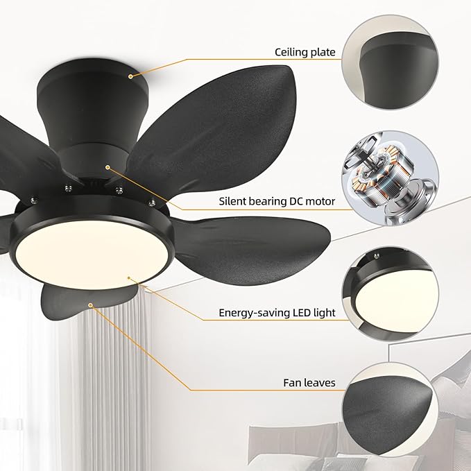 Ceiling Fans with Lights, Low Profile Ceiling Fan Light and Remote/APP Control, 6 Speeds Adjust, LED Dimmable 3 Color Changing, Modern Flush Mount Fandelier Ceiling Fan for Bedroom