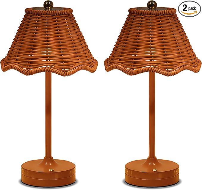 Cordless Table Lamps,Rechargeable LED Reading Light,Small Desk Lamp with 3 Color Touch Control,Vintage Boho Lamp,Dimmable Night Light for Living Room Bedroom Office Decor (2 Pack)