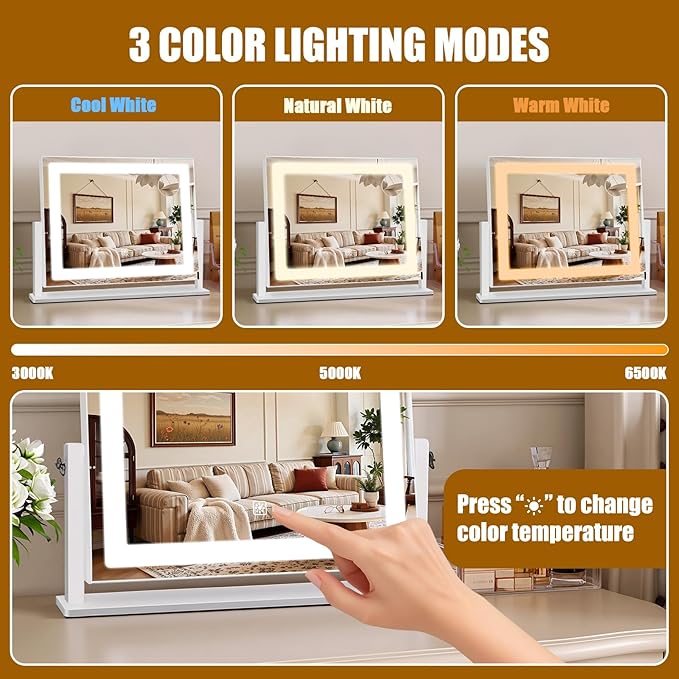 Vanity Mirror with Lights, 16"×12" LED Makeup Mirror, HD Professional Mirror, 10X Magnification, Smart Touch with 3-Color Lighting, Dimmable, 360° Rotation, Lighted Up for Makeup Desk, Bedroom (White)