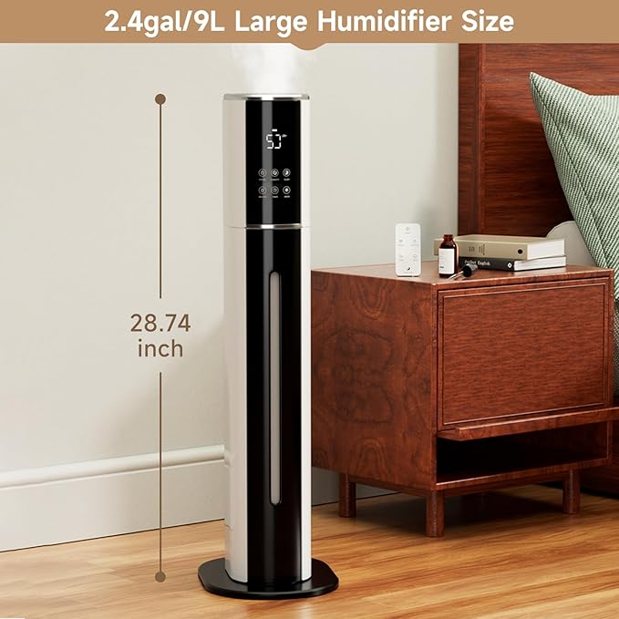 2.4Gal/9L Top Fill Quiet Ultrasonic Humidifier for Large Room Bedroom, Cool Mist Humidifier with Remote, Auto Humidity Control, 3 Speed Modes, 48H Runtime, Indoor Baby Pet Plant Friendly