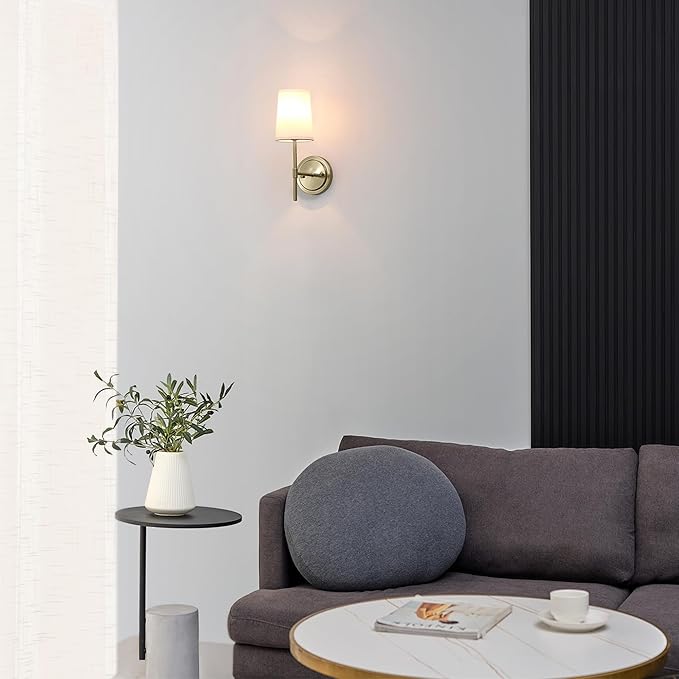 Globe Electric 51861 Clarissa 1-Light Wall Sconce, Matte Brass, White Fabric Shade, Bulb Not Included
