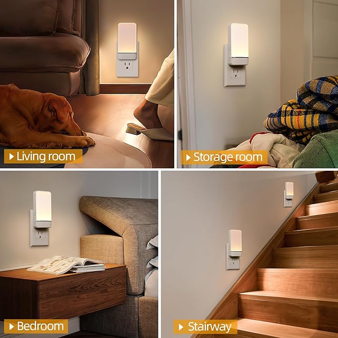 Dawnrise Night Lights Plug into Wall, Invisible Motion Sensor Night Light, Soft Warm or Cool White Selectable, Brightness Adjustable, LED Night Lights for Bedroom, Bathroom, Stairs, Hallway, 4 PK