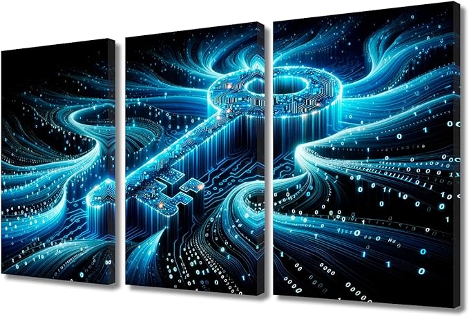 TUMOVO 3 Panel Canvas Wall Art Abstract Cyber Security Concept with Key and Binary Code Pictures Prints, Concepts Artwork for Bedroom Living Room Decoration, Framed Ready to Hang, 36" Wx24 H