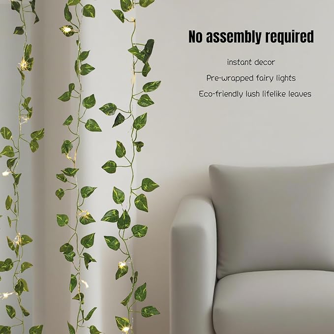Extra Length 40ft 120 LED Vine with Fairy Lights Pothos String Lights USB Plugin & Battery Operated Leaf Lights with Timer 8 Modes Remote Decorative Light for Bedroom Wedding Party - Warm White
