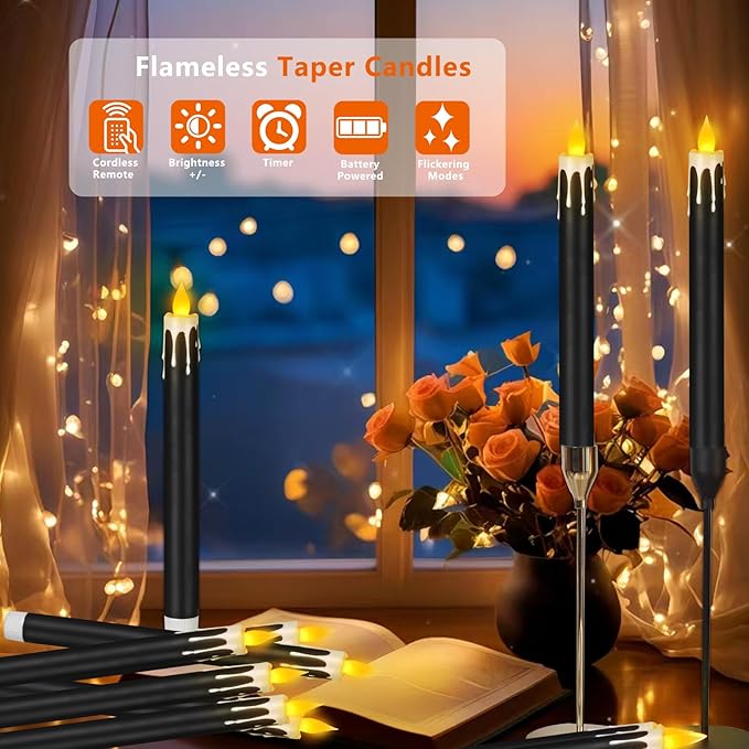Flameless Taper Candles 10.6" Dripless Battery Operated Taper Candles Included Remote Timer 400+ Hours by 2AA Batteries for Halloween Christmas Wedding (Black+White, 12 Pack)