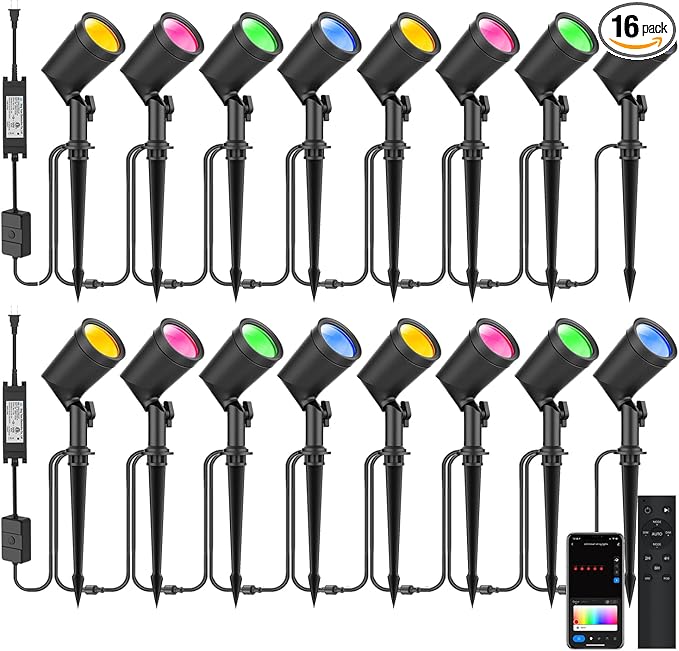 ZYAN APP Control Die-Cast Aluminum RGB Landscape Spotlights with Remote Control, Color Changing Music Sync Timer Alexa Compatible, Outdoor IP65 Waterproof for Patio Garden Yard Pathway, 16 Pack (2×8)