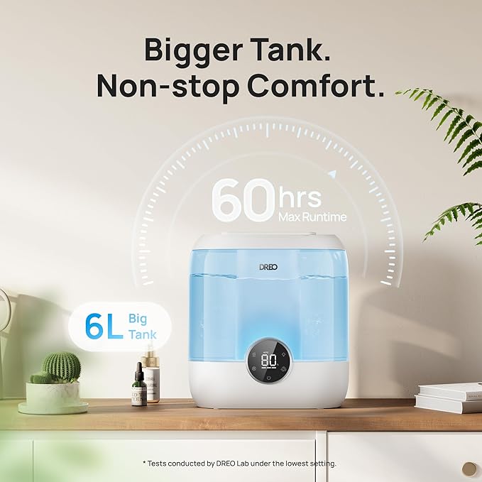 DREO Humidifiers for Bedroom, 6L Top Fill Supersized Cool Mist Humidifier for Large Room, 60 Hour Runtime, Quiet Ultrasonic Humidifiers for Plants, Baby, Indoor, Home, Night Light, Blue