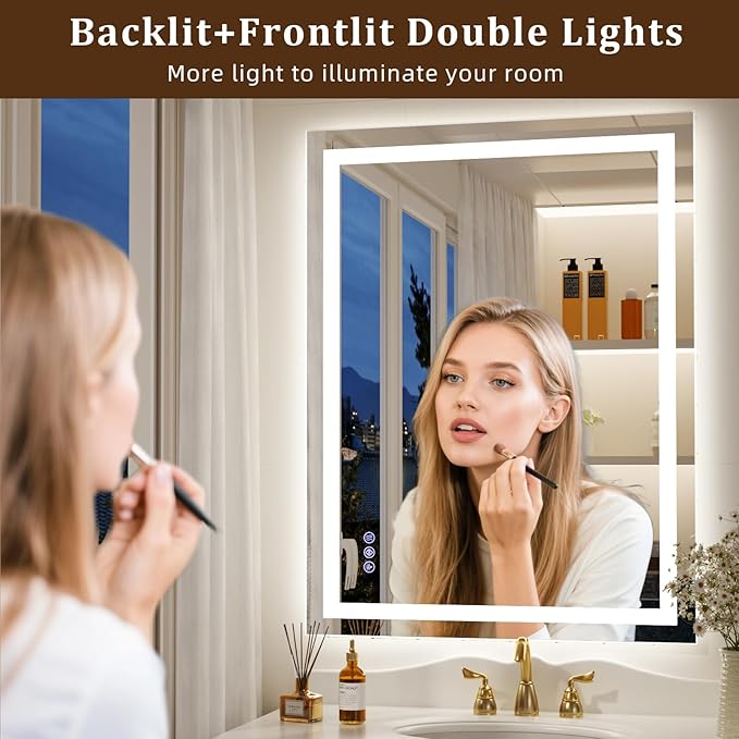 36"x24" Smart LED Bathroom Mirror - Dimmable Brightness, Backlit & Frontlit Lighting, 3 Color Modes, Anti-Fog, Memory Function, Wall Mounted Lighted Vanity Makeup Mirror