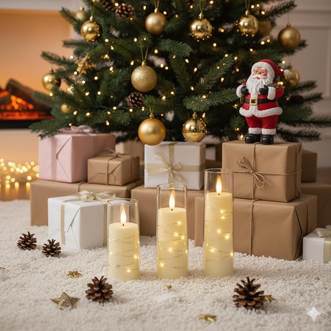 Raycare Flameless Candle with Remote Timer – 9 Flickering Acrylic Battery Operated LED Pillar Candles with Embedded Star String for Valentine's Day, Home Decor, and as a Gift (Ivory)