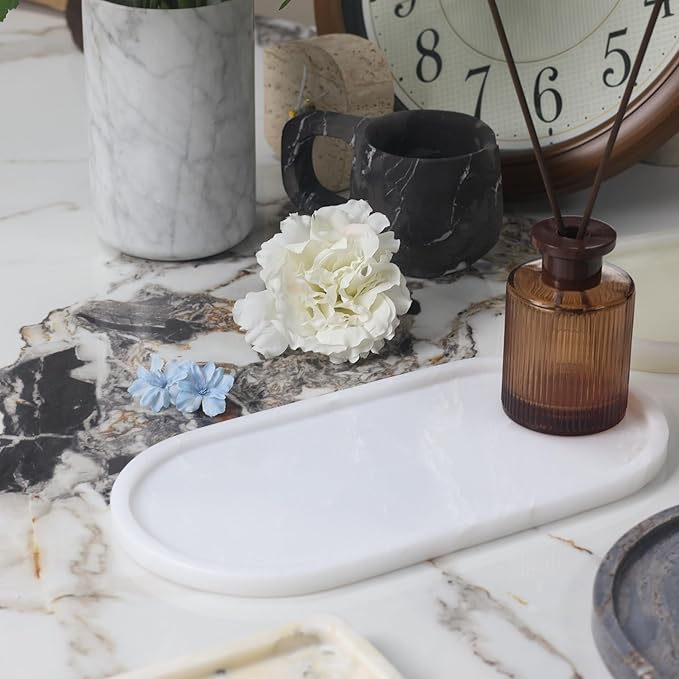 Marble Vanity Tray Organizer - 9.8"x5" Italy Natural Stone Decorative Tray，Jewelry, Perfume & Candle Display Tray，Bathroom Vanity, Dresser Top, Nightstand Decor